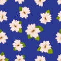 Spring cherry blossoms.ÃÂ Seamless pattern with JapaneseÃÂ sakura. Flowers on blue background. RomanticÃÂ Vector illustration. Royalty Free Stock Photo